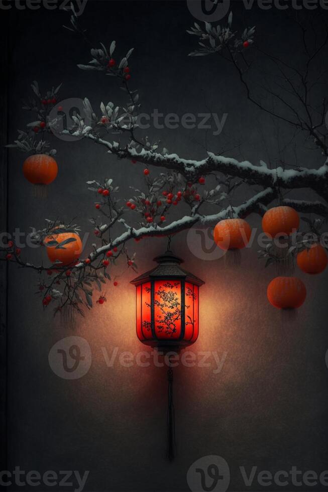 rood lantaarn zittend Aan top van een sneeuw gedekt boom. generatief ai. foto
