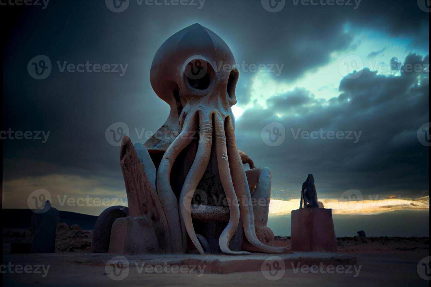 reusachtig Octopus standbeeld zittend Aan top van een zanderig strand. generatief ai. foto