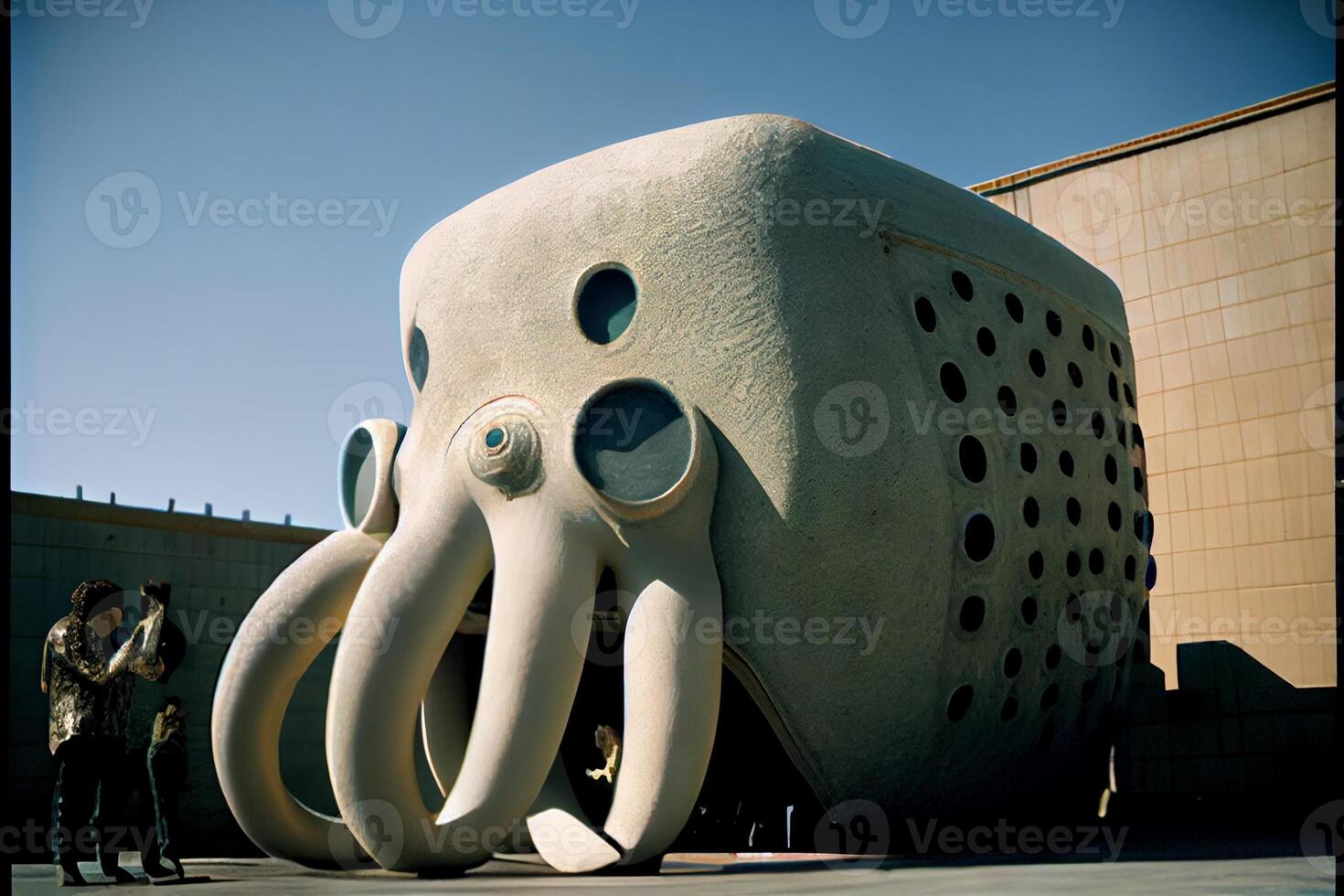 reusachtig beeldhouwwerk van een Octopus in voorkant van een gebouw. generatief ai foto