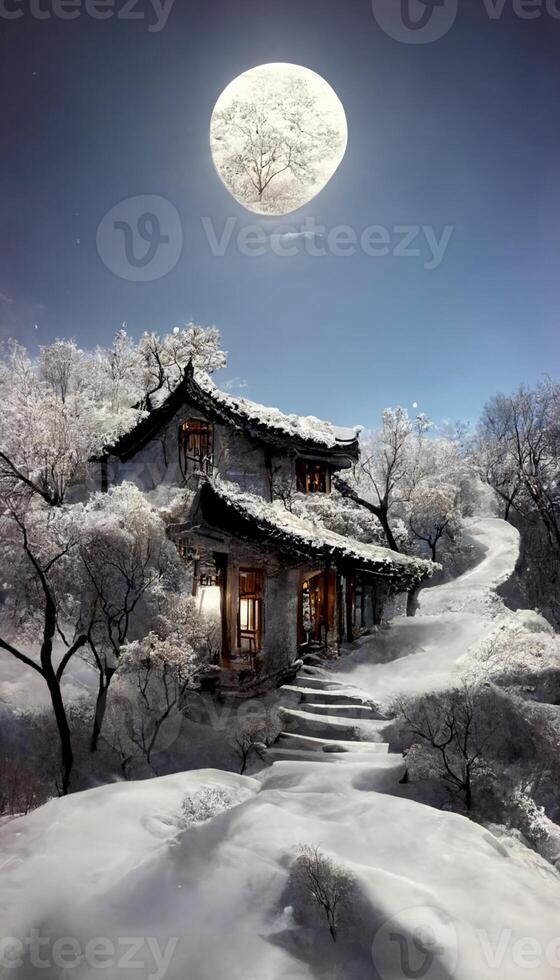 huis zittend Aan top van een sneeuw gedekt heuvel. generatief ai. foto