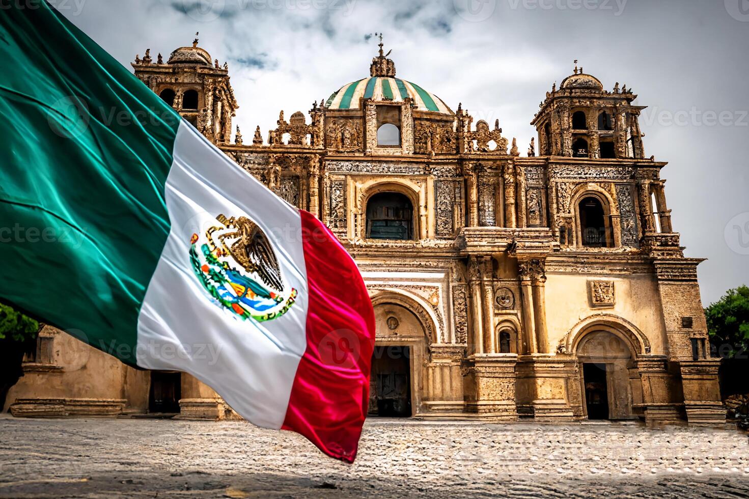 de vlag van Mexico in voorkant van de kathedraal. generatief ai foto