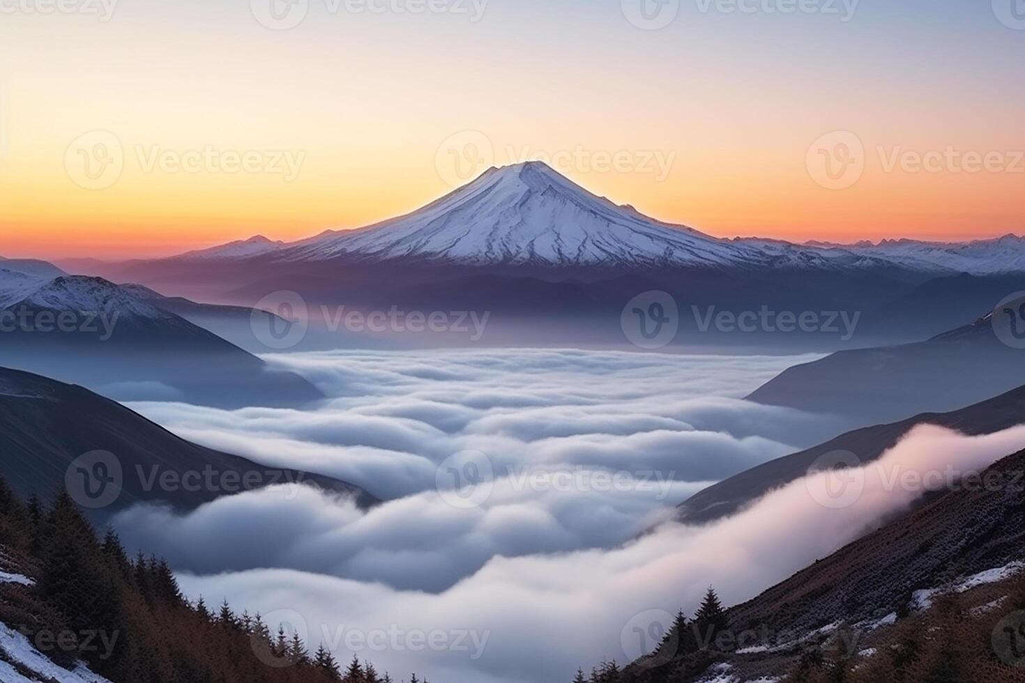 berg landschap, dageraad in de bergen bovenstaand de wolken. generatief ai foto