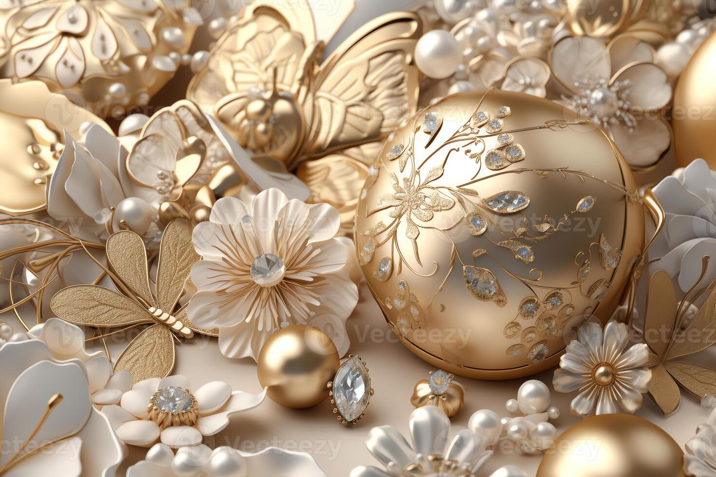 3d behang van gouden sieraden bloemen ballen en vlinders ai gegenereerd foto