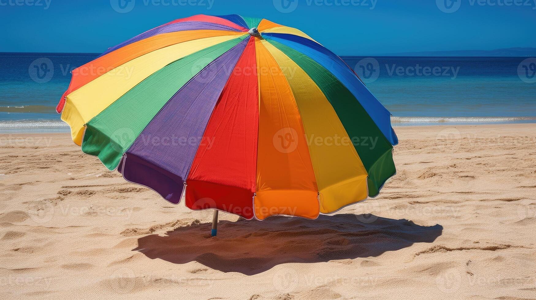 een kleurrijk strand paraplu Aan een zanderig strand. generatief ai foto