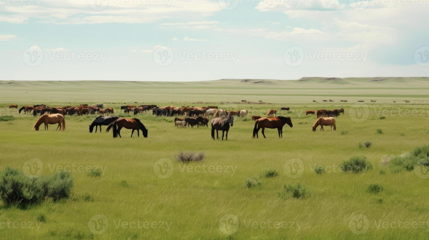 een met gras begroeid duidelijk met een kudde van paarden. generatief ai foto