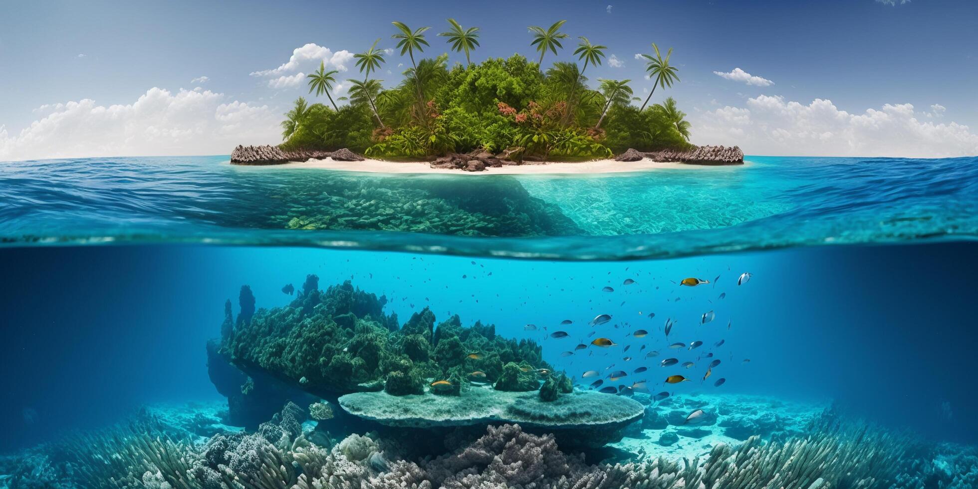 de tropisch eiland en koraal haspel met ai gegenereerd. foto