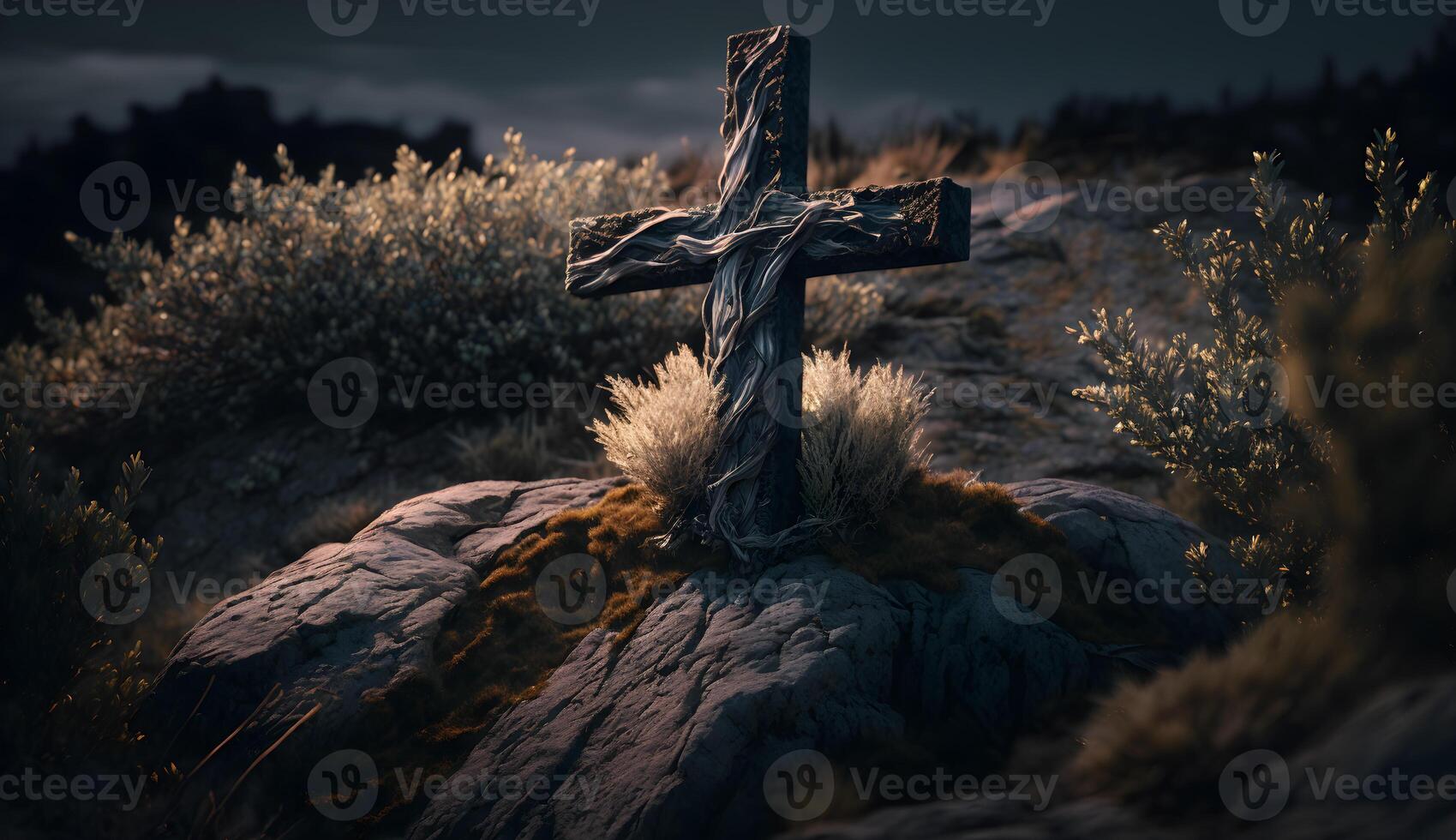 christen symbool Aan top van steen, kruis symbool Aan de rots heuvel generatief ai foto