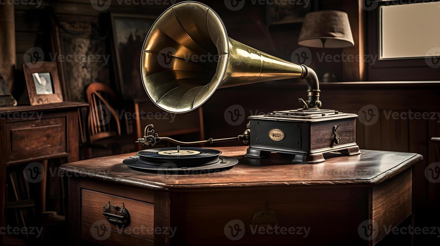 realistisch illustratie van een klassiek grammofoon musical instrument ,generatief ai foto
