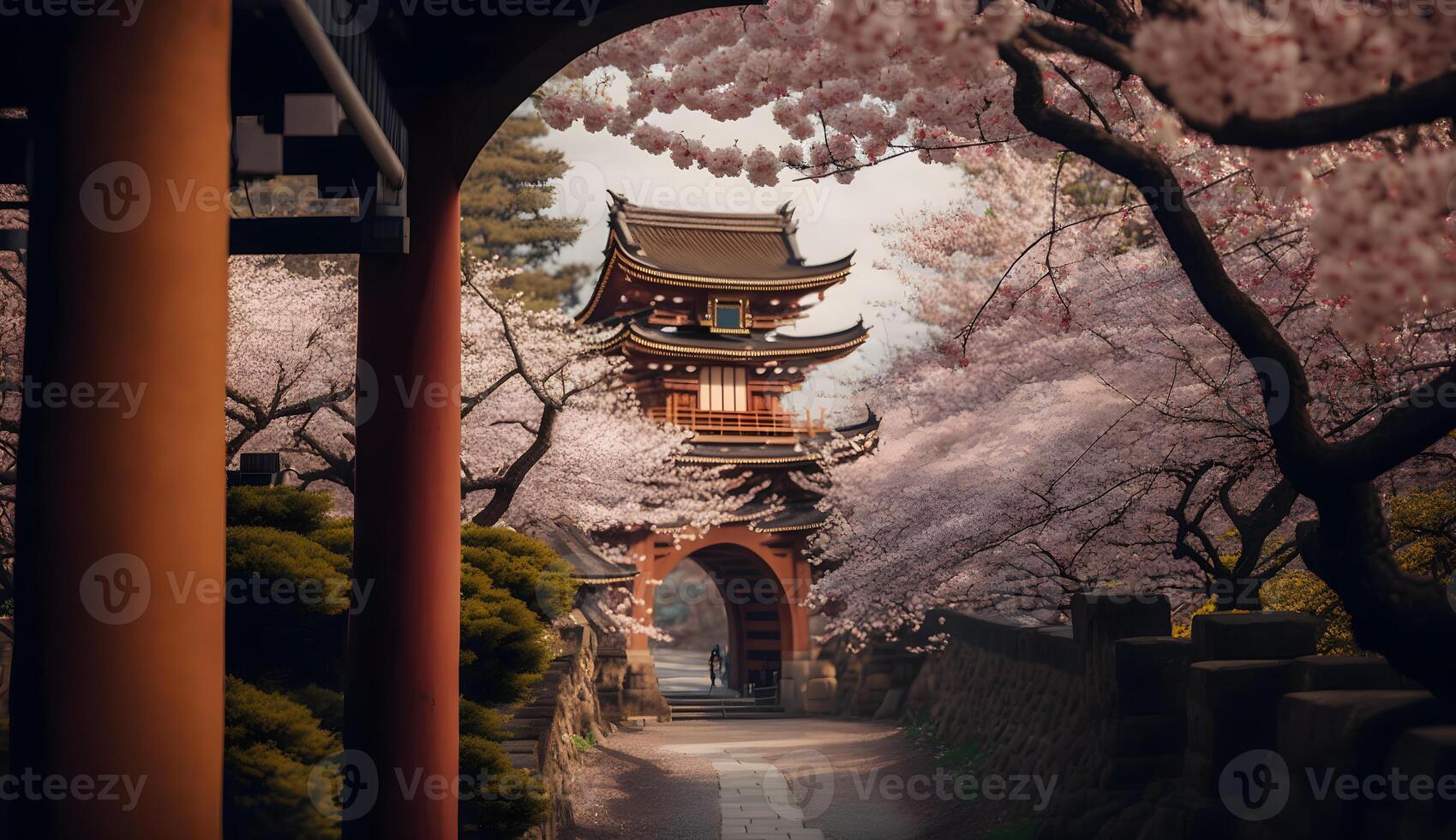 toji poort in kers bloesem tuin, Japans tuin landschap .generatief ai foto