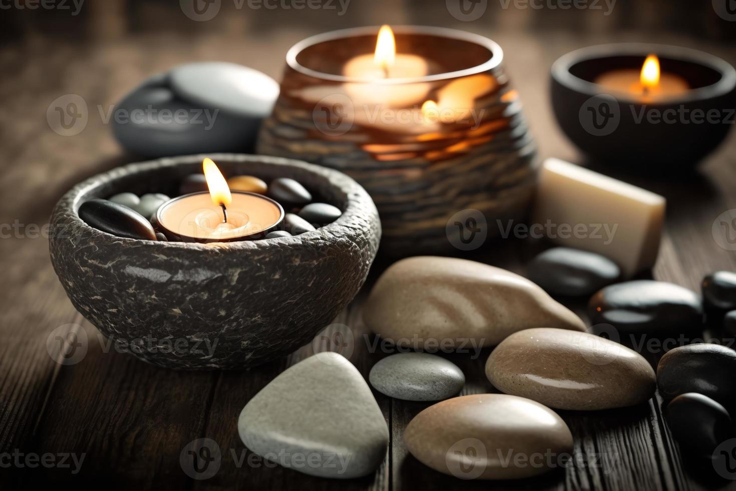 spa nog steeds leven met geparfumeerd kaarsen en zen stenen. foto