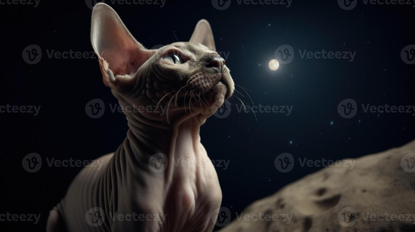 de betoverend sfinx kat staren Bij de mystiek maan en sterrenhemel lucht. generatief ai foto