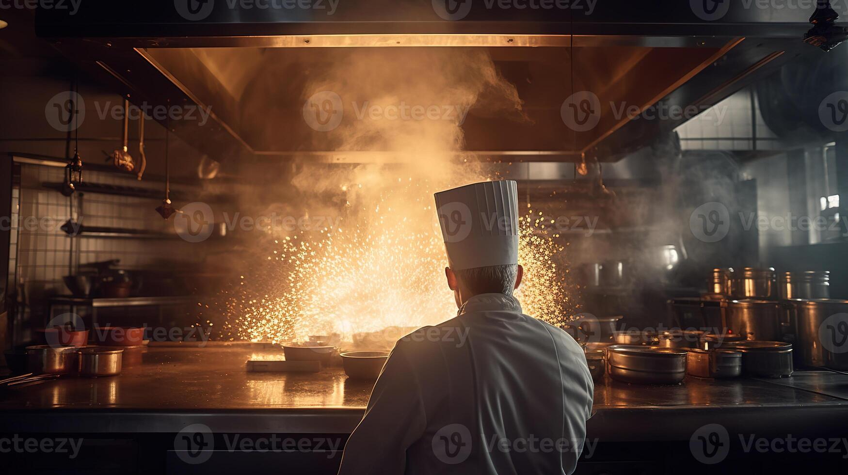 de meester chef in actie, creëren culinaire magie temidden van rook en vlammen in de restaurant keuken. generatief ai foto