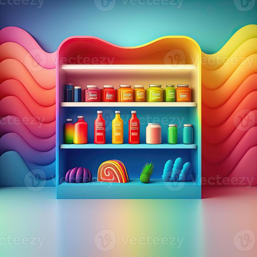 Scherm schappen met producten Aan kleurrijk helling achtergrond. generatief ai foto