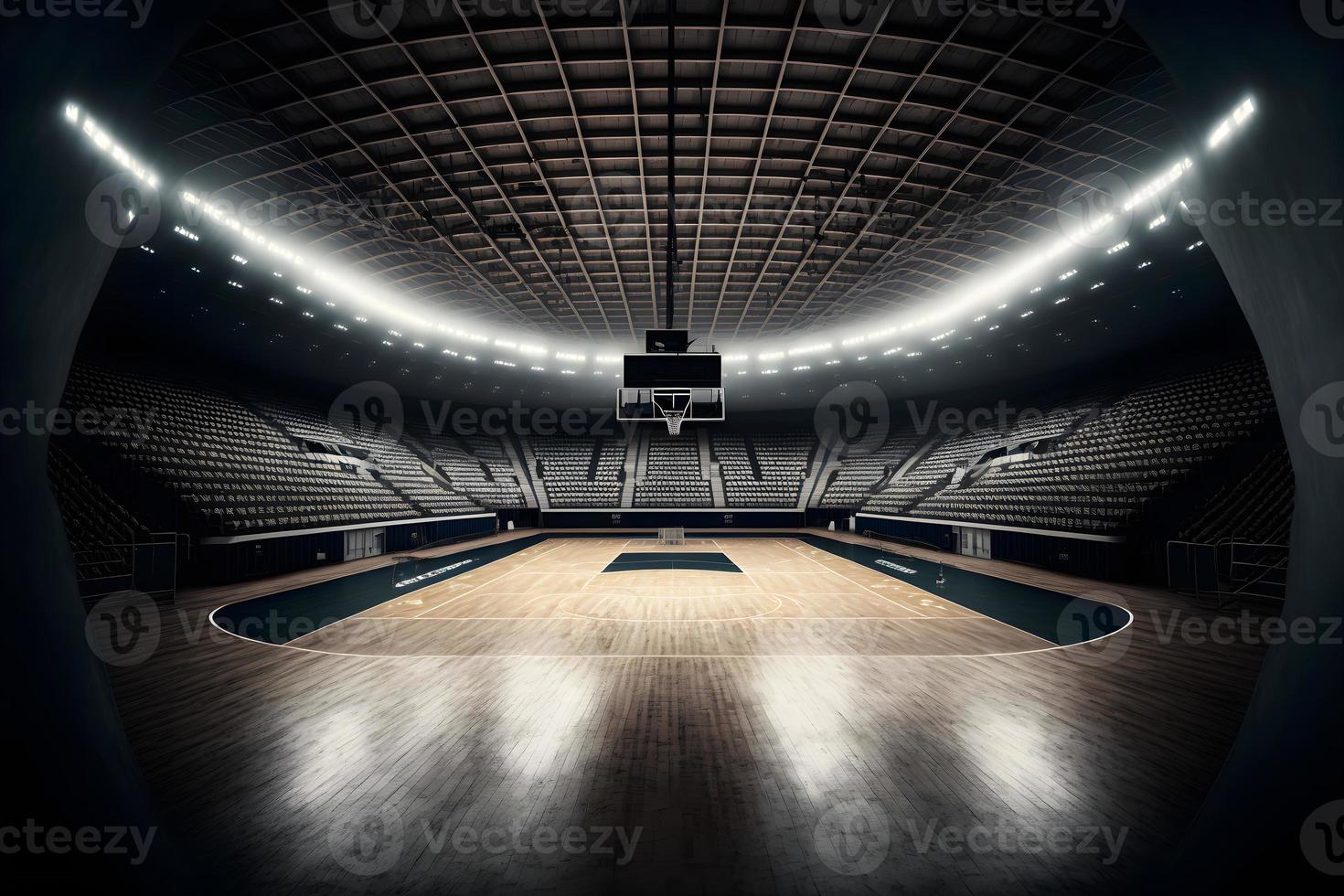 interieur visie van een verlichte basketbal stadion voor een spel. neurale netwerk gegenereerd kunst foto