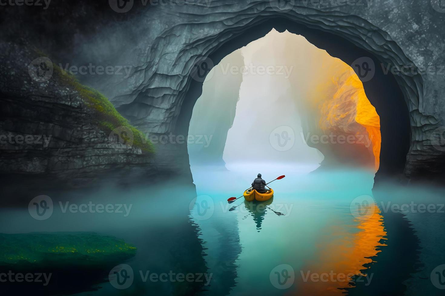 kajakkers genieten van de mooi rotsachtig landschap. neurale netwerk gegenereerd kunst foto