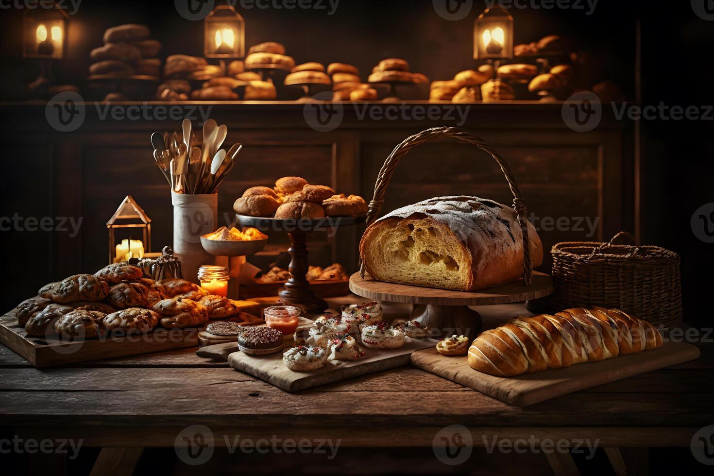 bakkerij Product assortiment met brood broden, broodjes, broodjes en Deens gebakjes. neurale netwerk ai gegenereerd foto