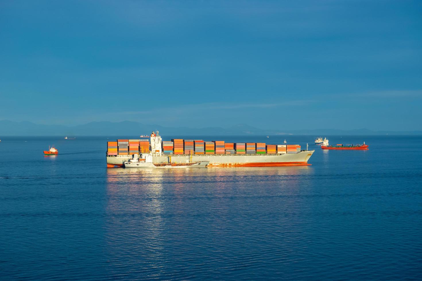 zeegezicht met een groot containerschip op de achtergrond van de zee. foto
