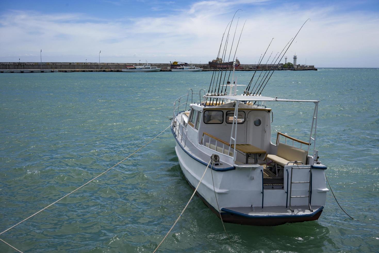 zeegezicht met een boot op de achtergrond van de zee. foto