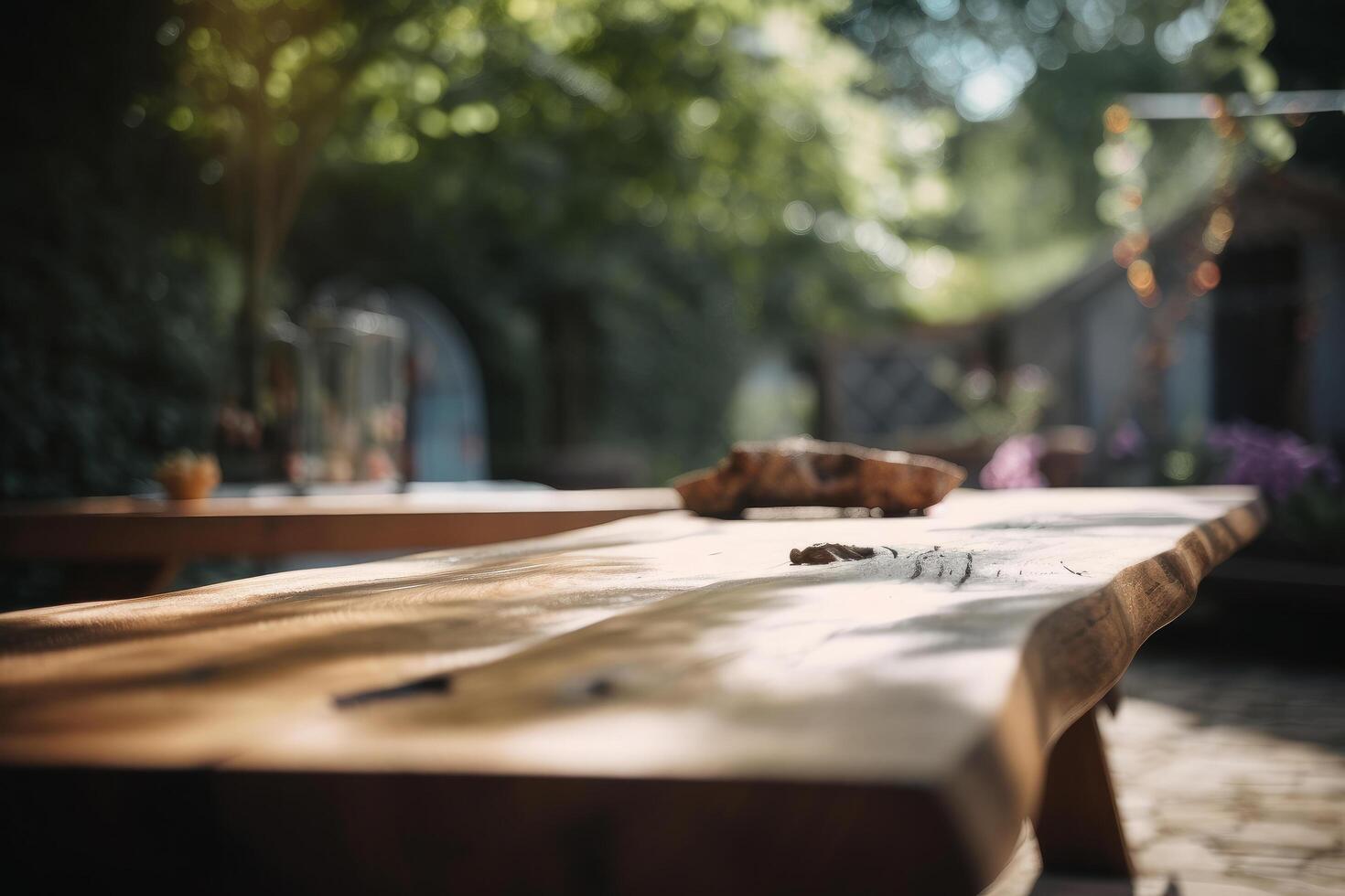 houten tafel in tuin. illustratie ai generatief foto
