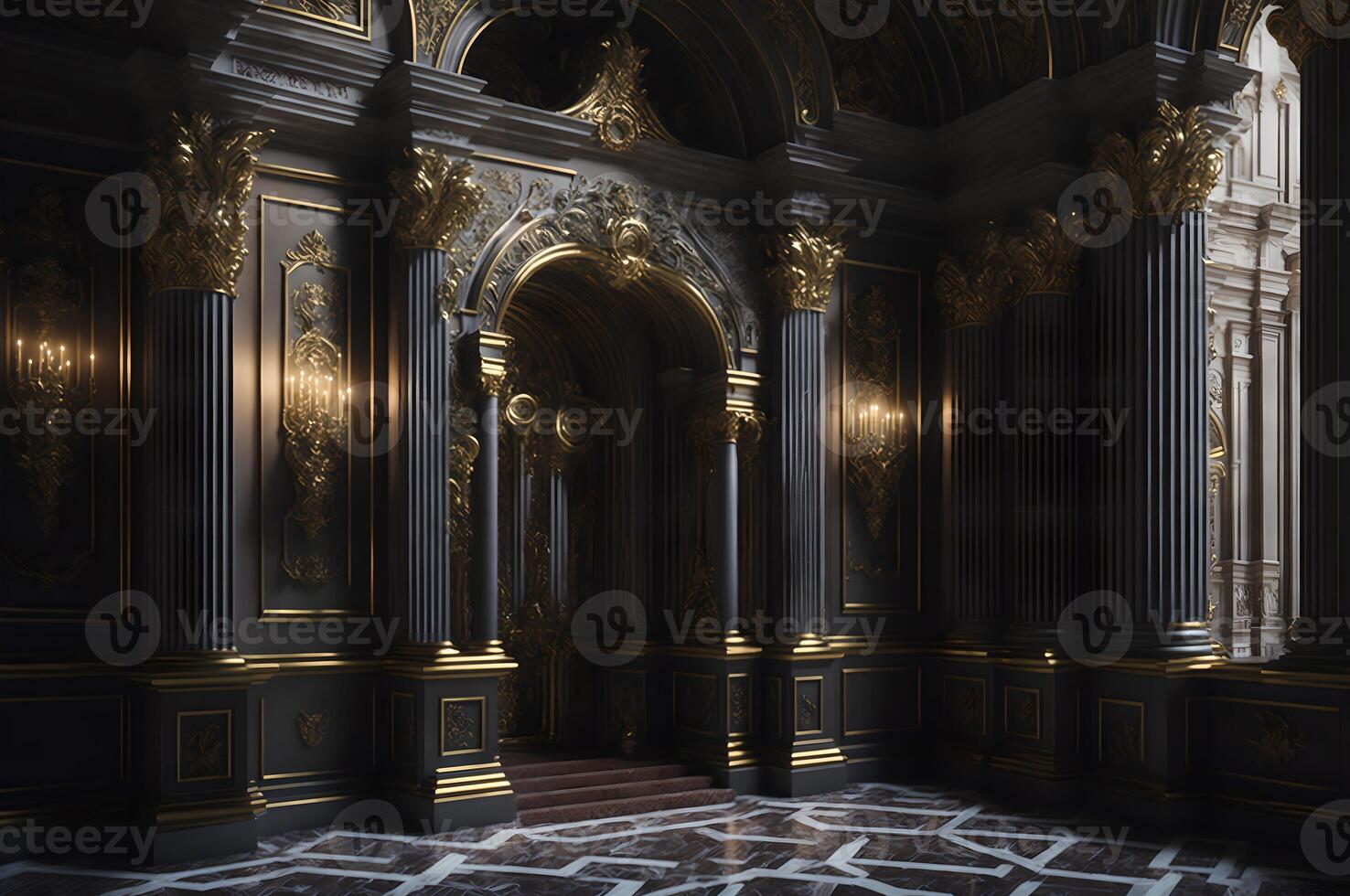 goud en zwart barok stijl portaal van een paleis, kolommen interieur paleis ontwerp, ai gegenereerd foto