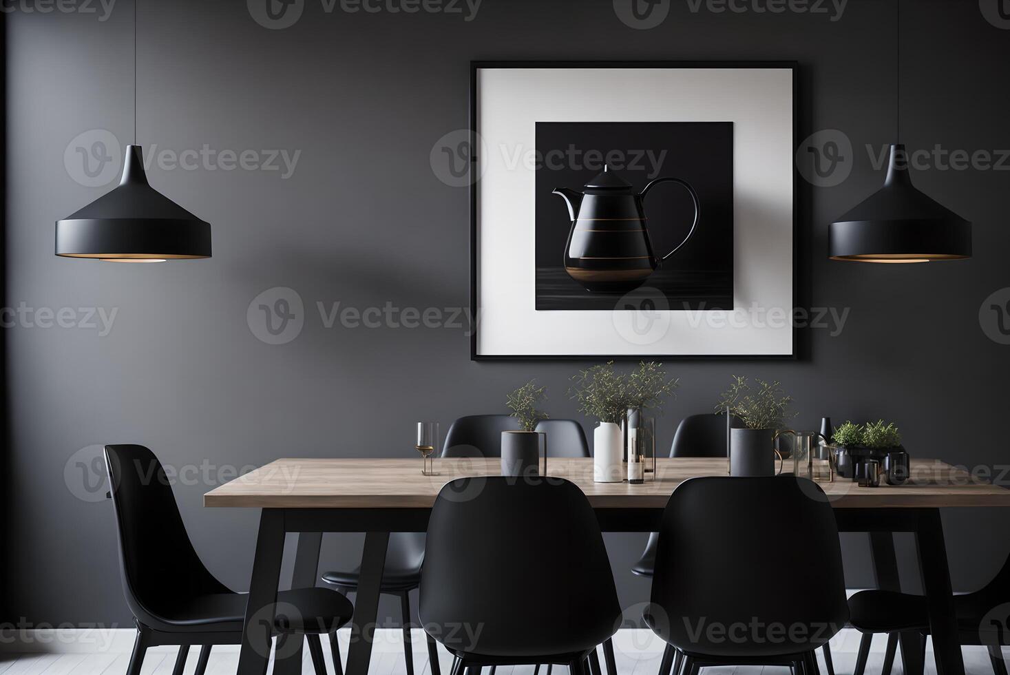 elegant dining kamer interieur met ontwerp houten familie tafel, zwart stoelen, theepot met mok, bespotten omhoog kunst schilderijen Aan de muur en elegant accessoires in modern huis decor., ai gegenereerd foto