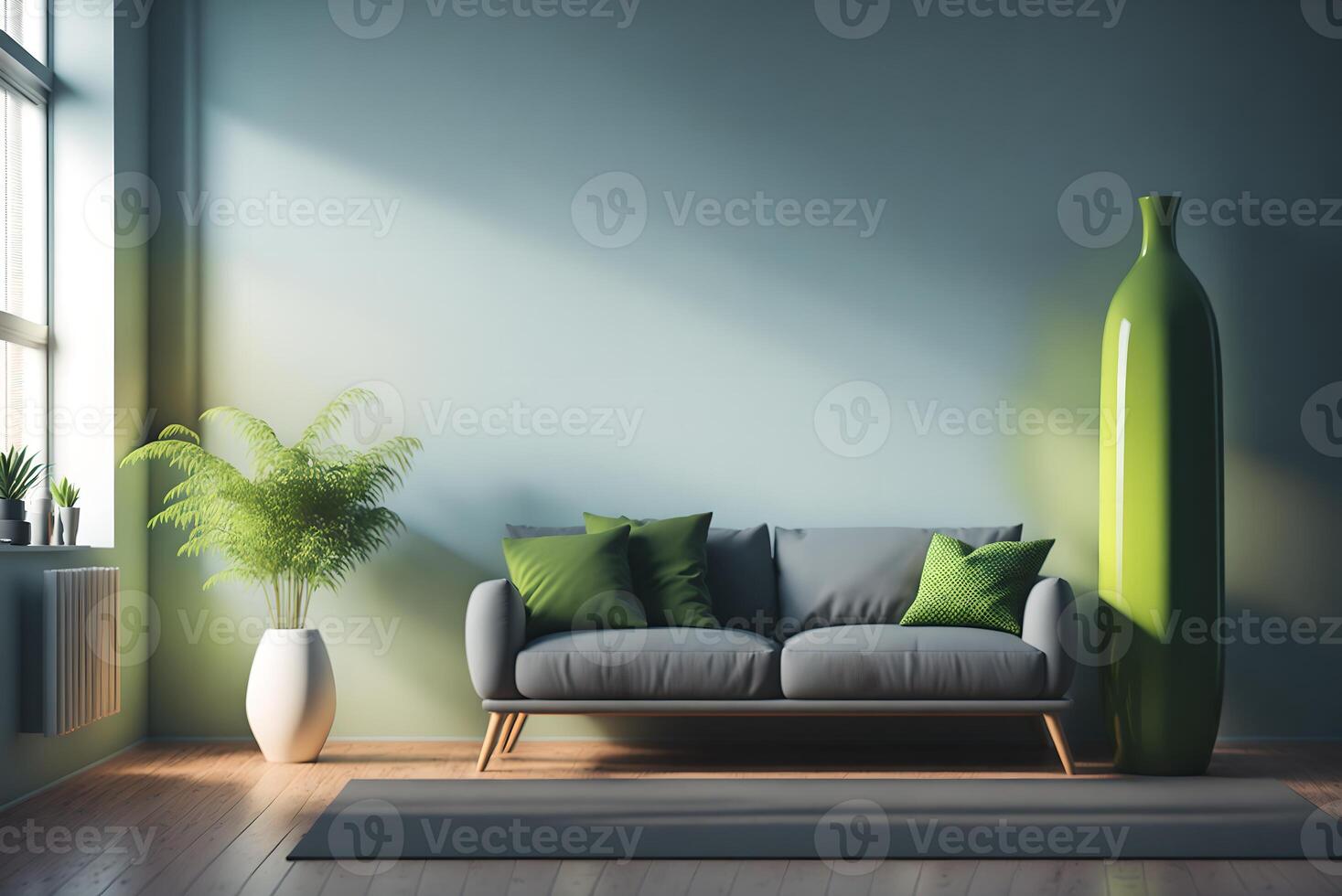 huis interieur mock-up met grijs bank, houten verdieping lamp en groen vaas in helder leven kamer, 3d veroorzaken, 3d illustratie, ai gegenereerd foto