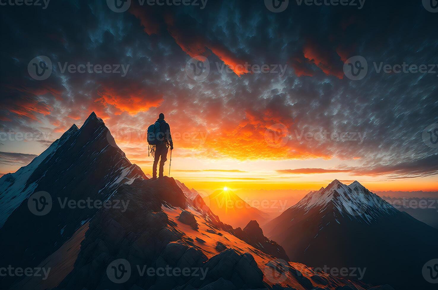 wandelaar Aan de top van een berg met een mooi visie van de zonsondergang in de omgeving van bergen en zonsopkomst, en wolken, vrijheid concept, ai gegenereerd foto