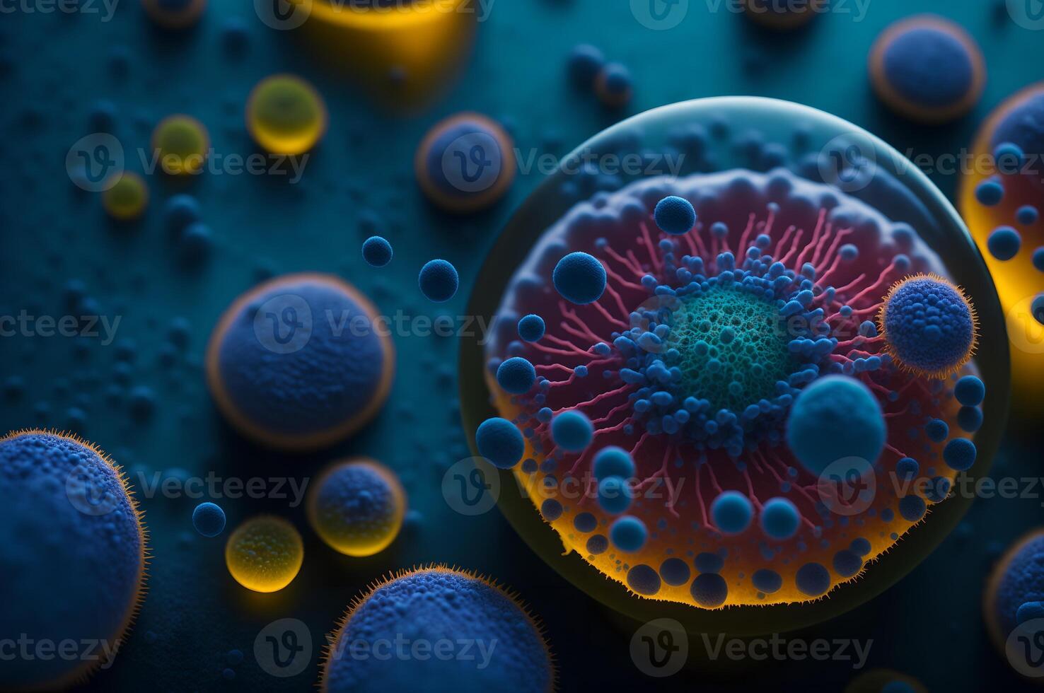 dichtbij omhoog illustratie van bacteriën, 3d weergegeven van een micro virus, ai gegenereerd foto