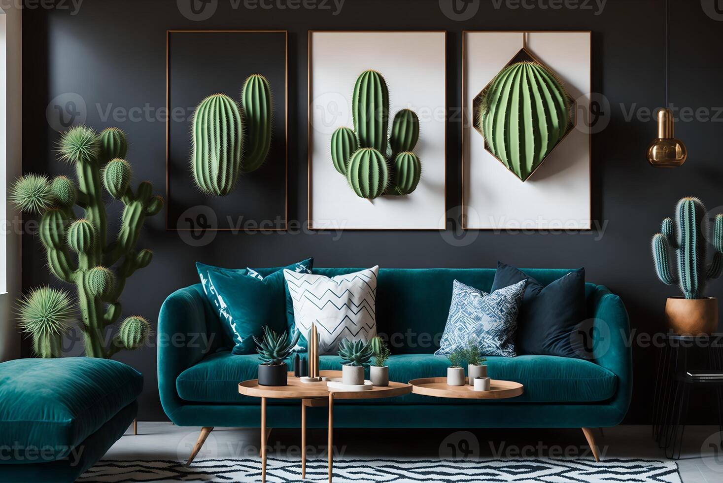 ai gegenereerd schilderijen van cactus en zeshoeken hangende over- een knus sofa met veel kussens staand De volgende naar een zwart lamp in een leven kamer interieur foto