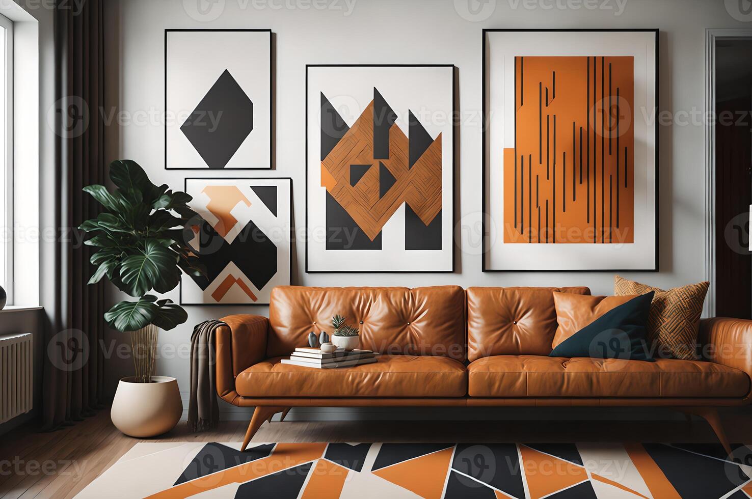 modern leven kamer met leer sofa onder mockups tableau, luxe meubilair decoratie, ai gegenereerd foto