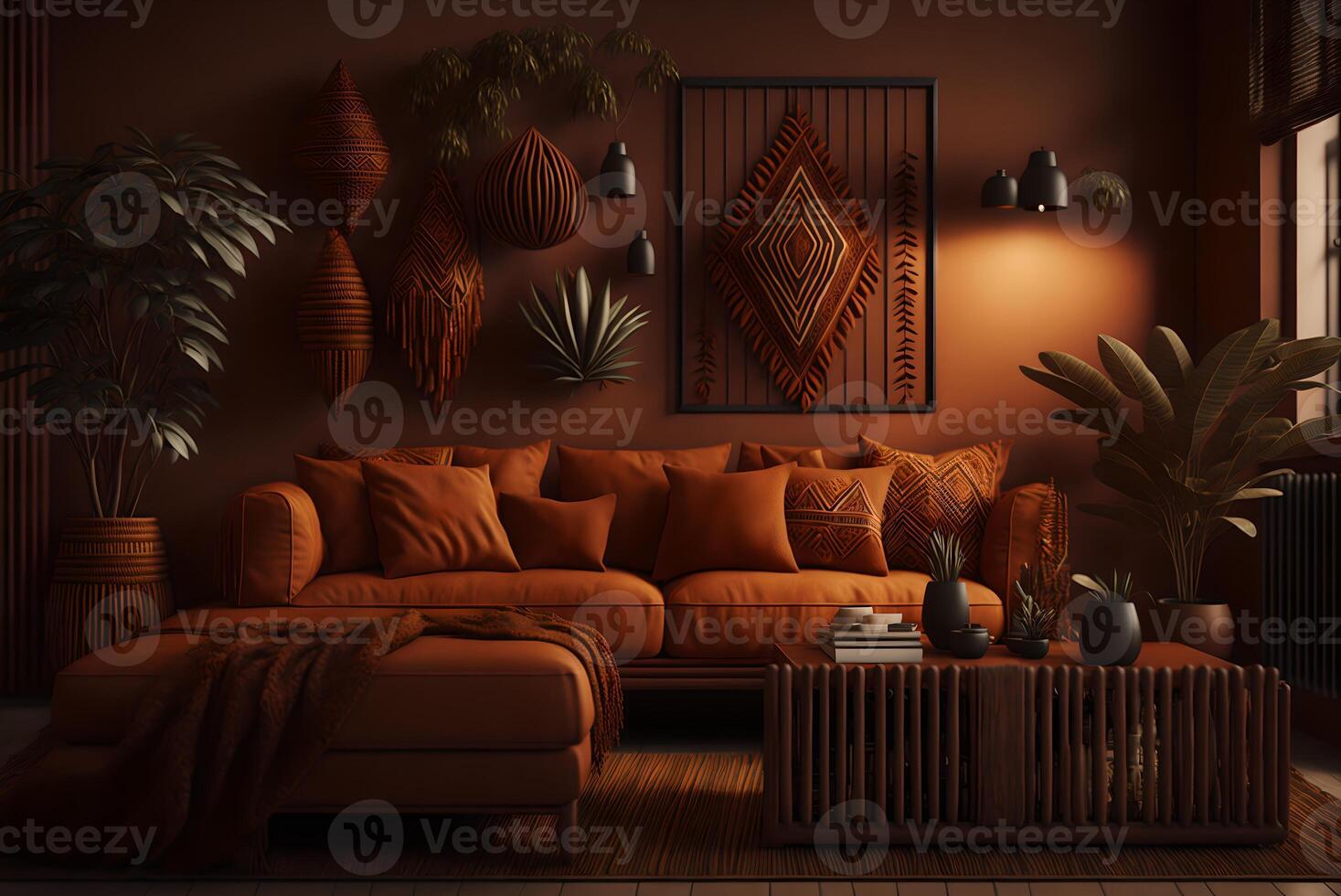 huis interieur met etnisch boho decoratie, leven kamer in bruin warm kleur, 3d veroorzaken, ai gegenereerd foto