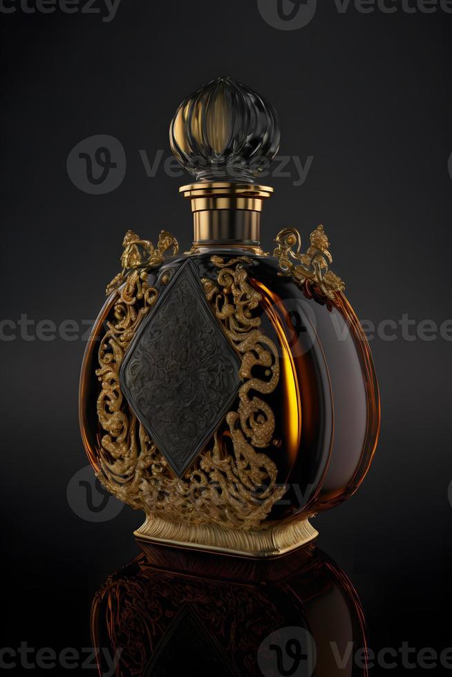een fles van parfum Dames eau de parfum in fles geïsoleerd Aan zwart. geur voor Dames parfum spuiten. neurale netwerk gegenereerd kunst foto