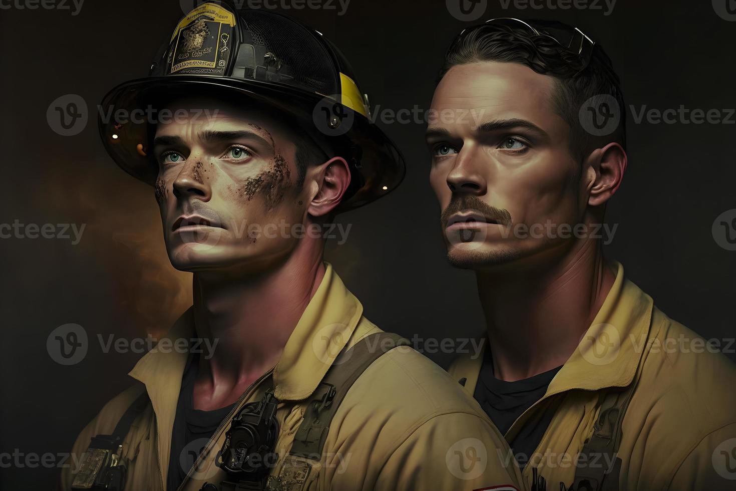 portret van brandweerlieden vuil gezichten in speciaal helmen en brandweerlieden uniformen. neurale netwerk gegenereerd kunst foto