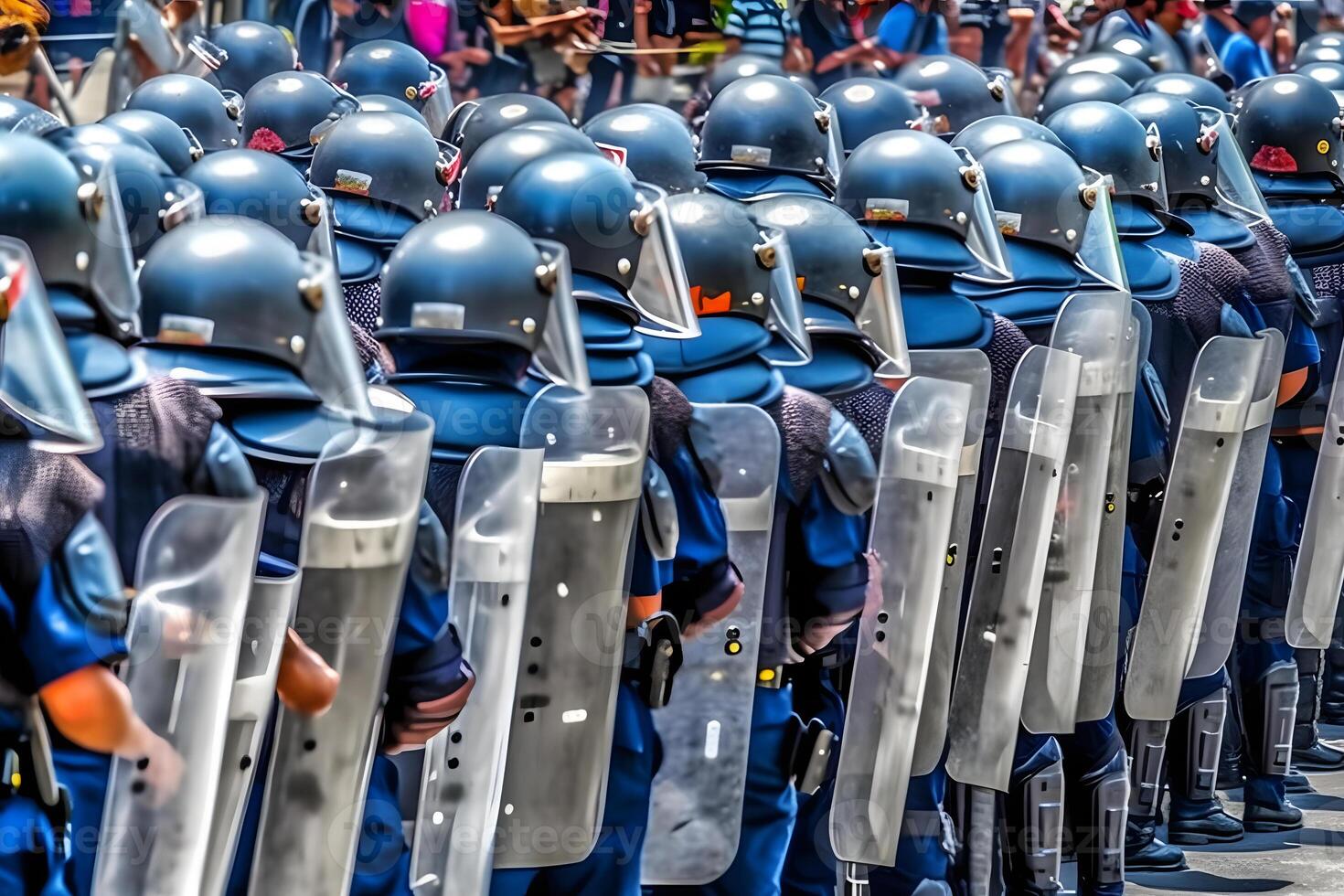 laag hoek van anoniem Politie soldaten in beschermend uniformen en helmen staand tegen ploeg busje en verdedigen door herrie schilden. neurale netwerk ai gegenereerd foto