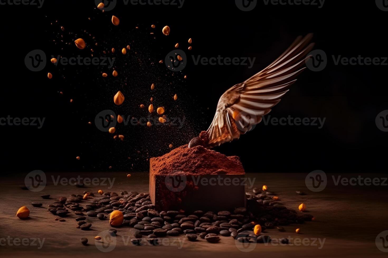vogel en stuk van donker chocola Aan cacao poeder. neurale netwerk ai gegenereerd foto