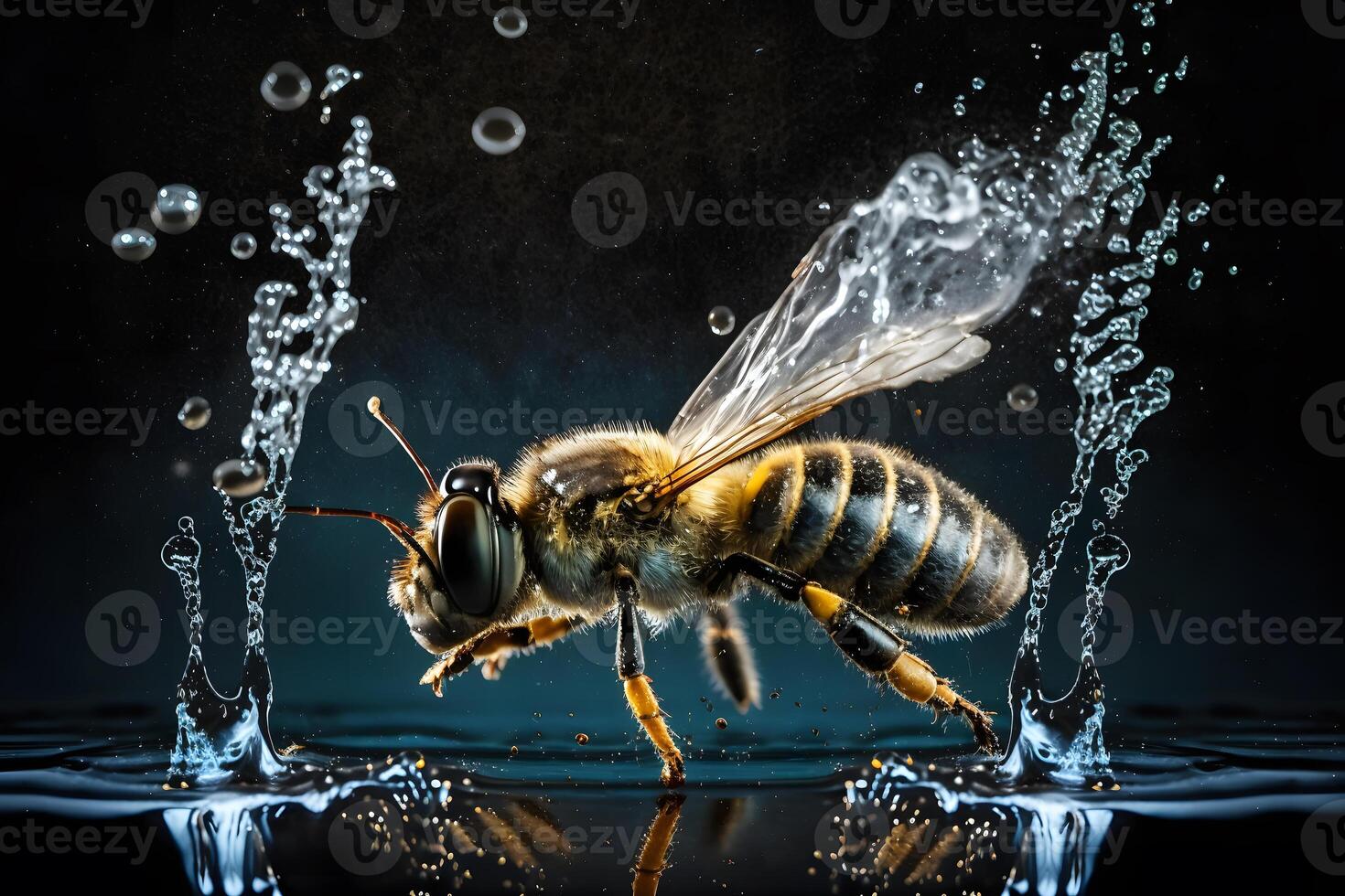 honing bij met water druppels detailopname. neurale netwerk ai gegenereerd foto