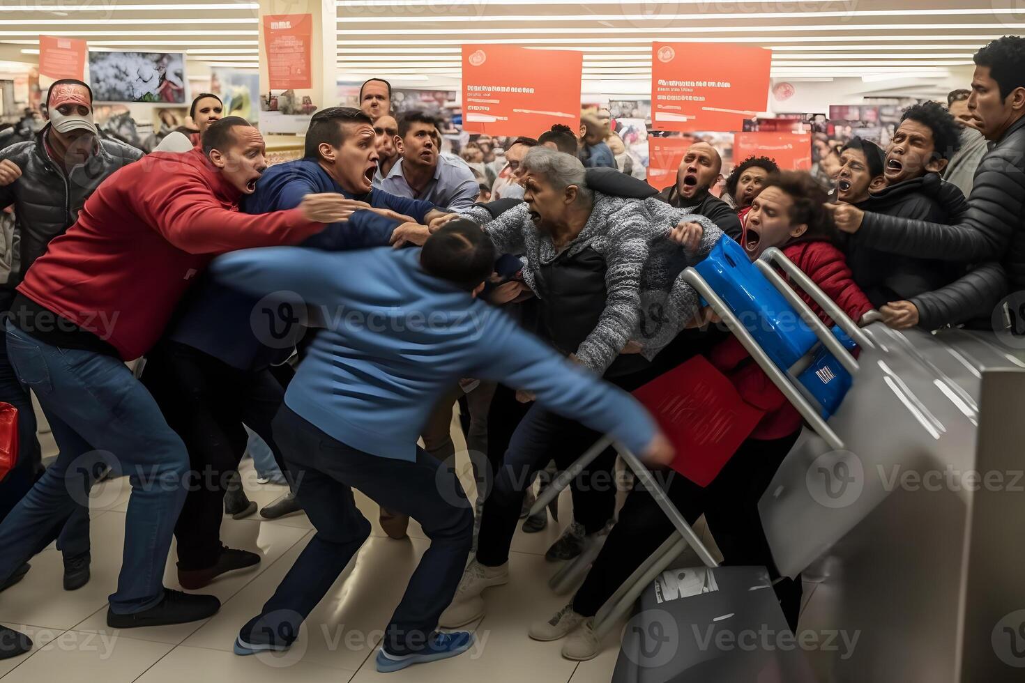 menigte van mensen Aan zwart vrijdag vechten voor promotionele goederen. neurale netwerk ai gegenereerd foto