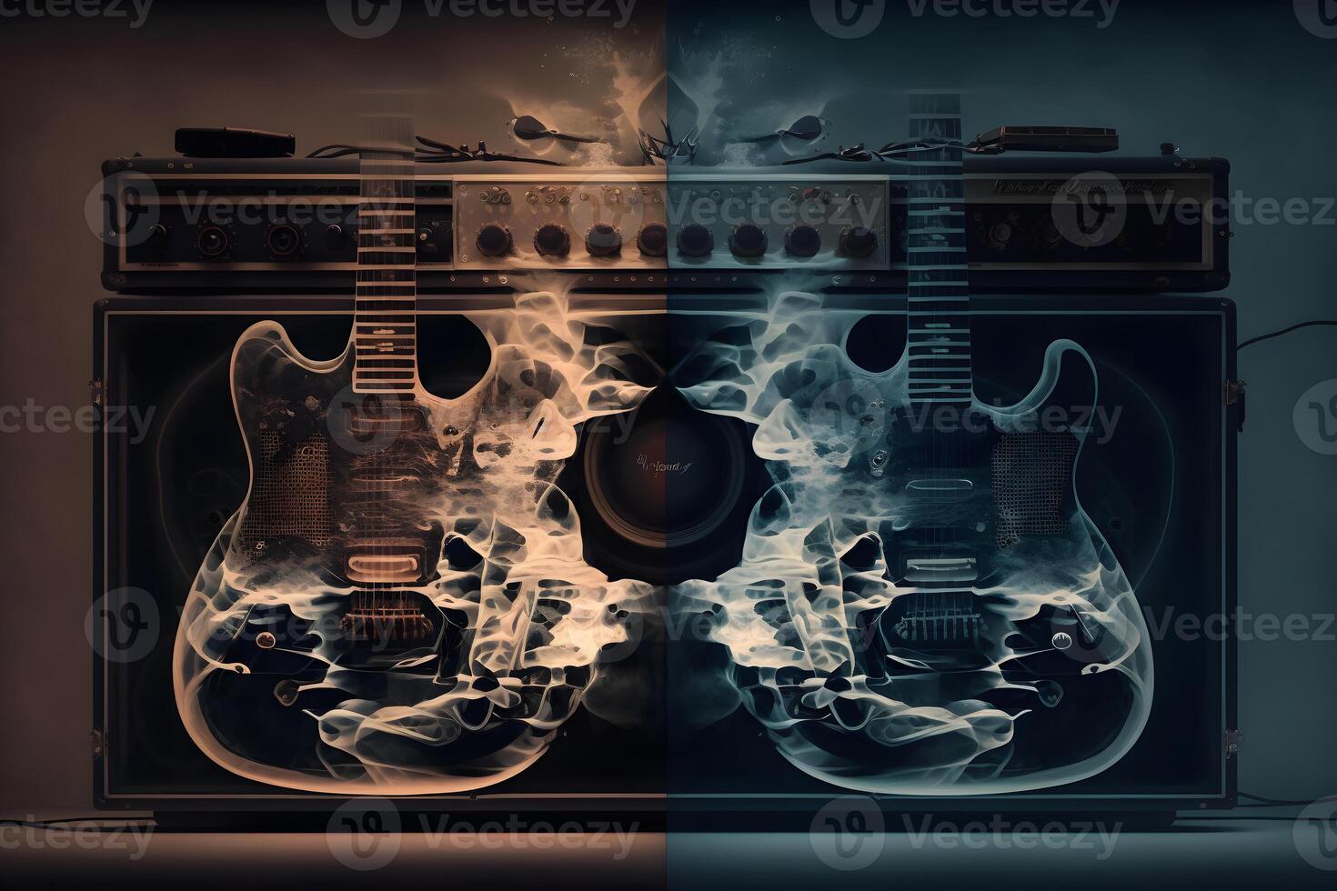 dichtbij omhoog van elektrisch gitaar details Aan dubbele expositie musical achtergrond. neurale netwerk ai gegenereerd foto