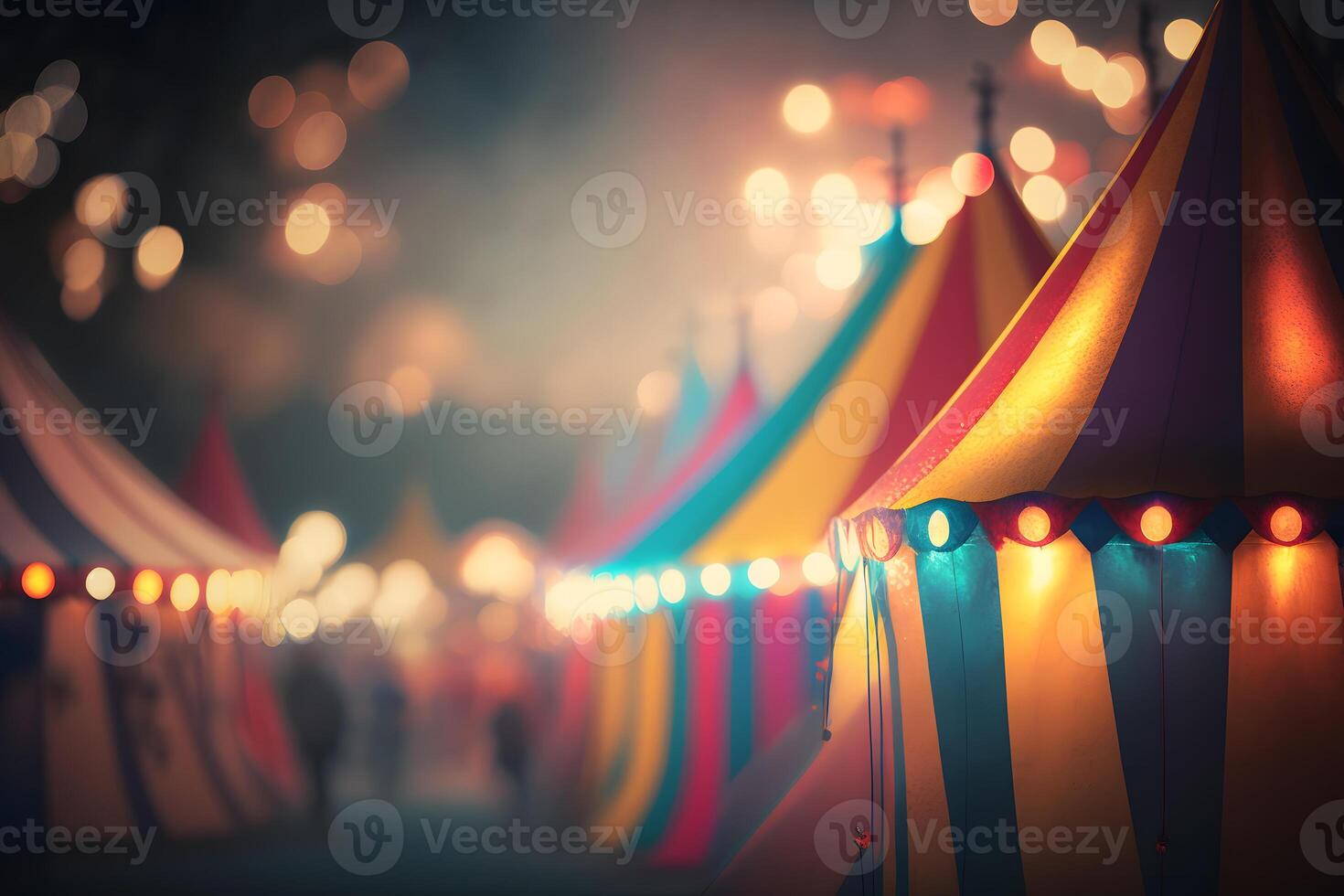 nacht visie van een circus tenten en veel licht lampen met wazig achtergrond. neurale netwerk ai gegenereerd foto