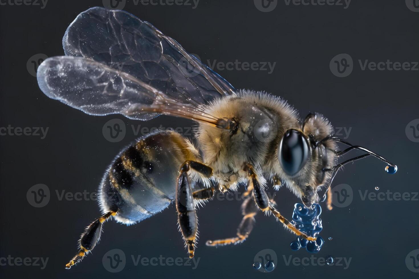 honing bij met water druppels detailopname. neurale netwerk ai gegenereerd foto