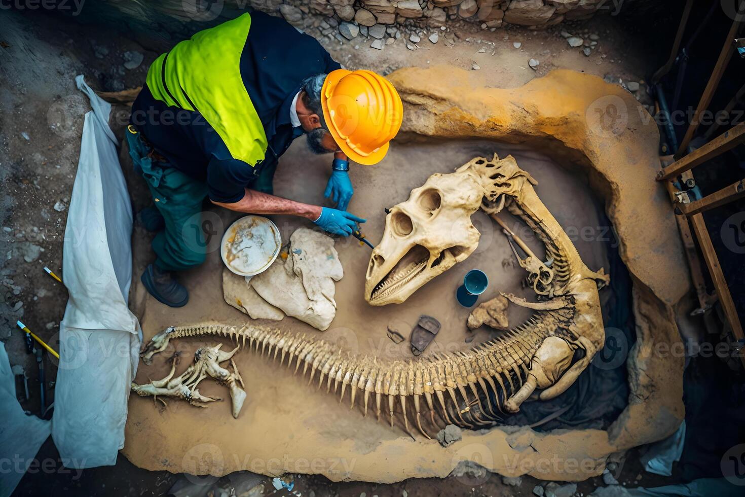 archeoloog werken Aan een archeologisch plaats met dinosaurus skelet in muur steen fossiel tyrannosaurus opgravingen. neurale netwerk ai gegenereerd foto