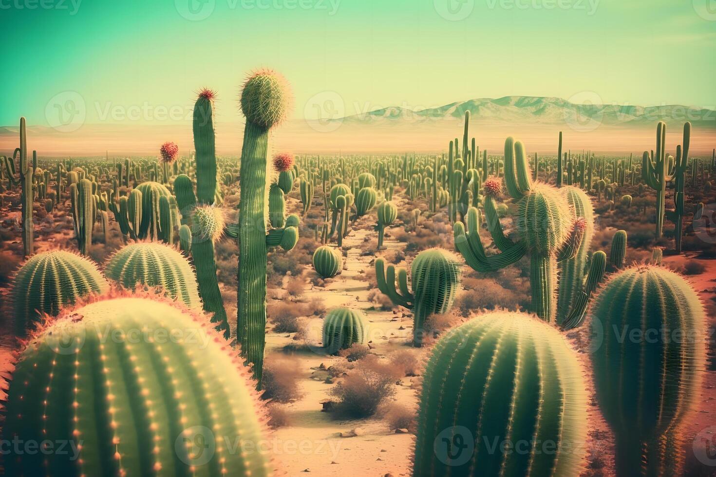 woestijn cactussen cactus bloesem en saguaro's. neurale netwerk ai gegenereerd foto