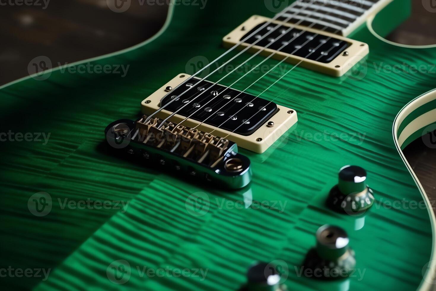 groen elektrisch gitaar in detailopname. ai gegenereerd foto