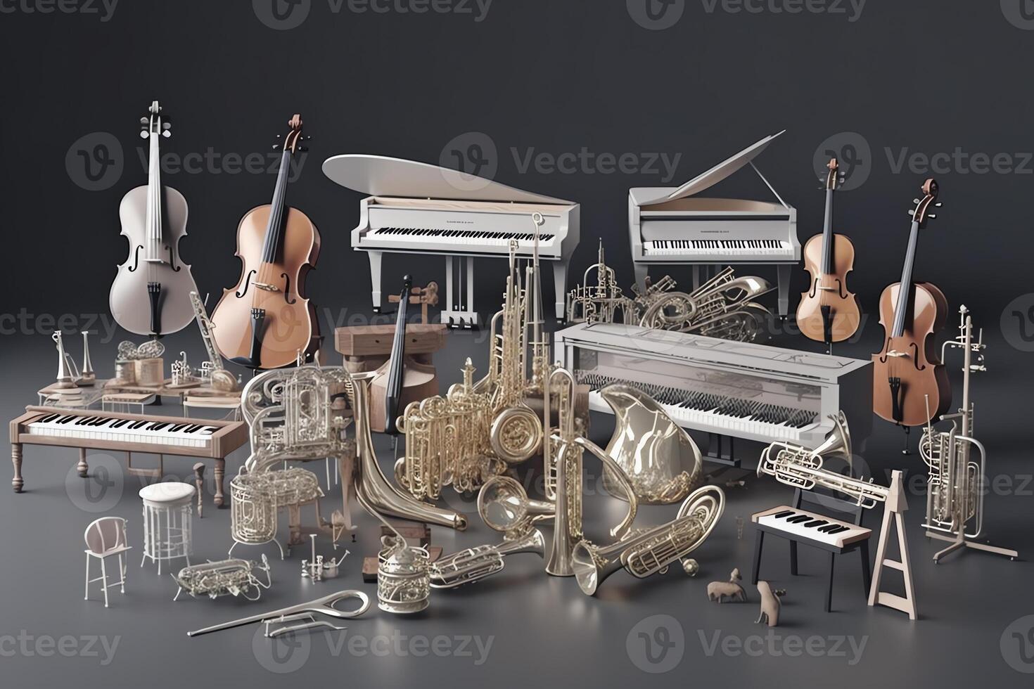 3d weergegeven orkest instrumenten tegen een grijs achtergrond. ai gegenereerd foto