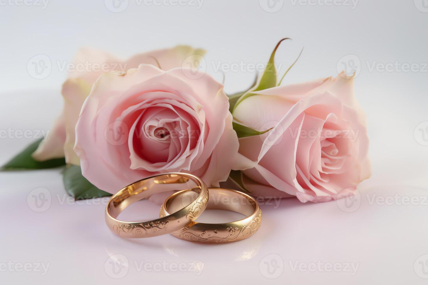 roze rozen lint twee gouden ringen Aan wit achtergrond ai gegenereerd foto