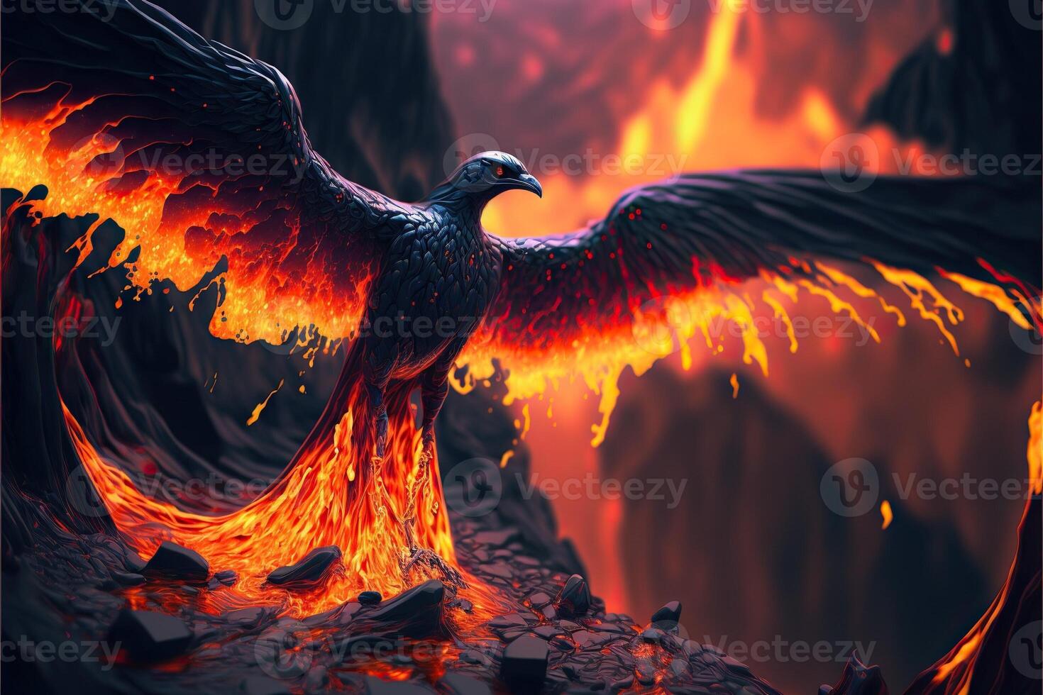 illustratie van een adelaar geboren van een vlammend steen ai gegenereerd foto