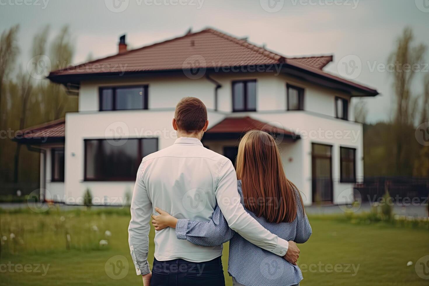 gelukkig familie staat in voorkant van hun nieuw huis. generatief ai foto