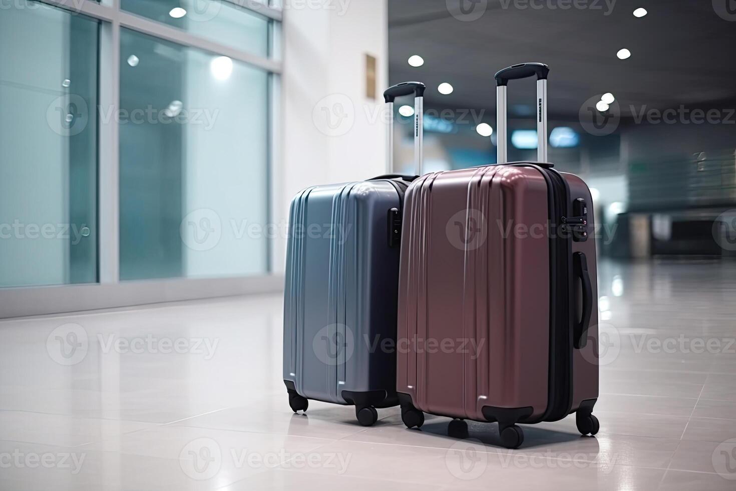 twee bagage koffers in luchthaven terminal. reizen concept. generatief ai foto