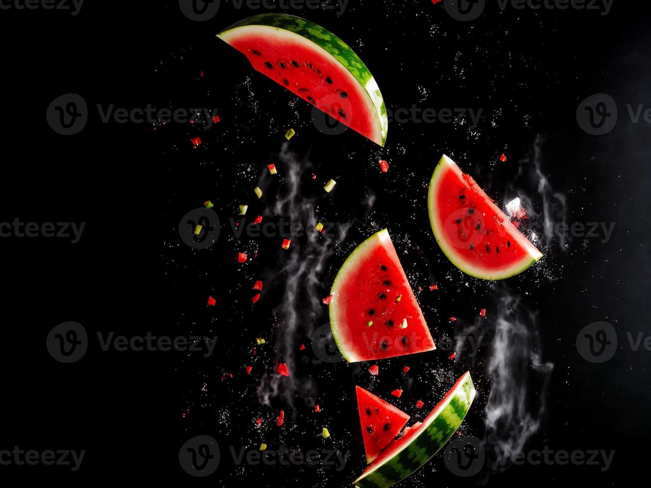 watermeloen plakjes vallend in de lucht met een zwart achtergrond hoog snelheid fotografie foto