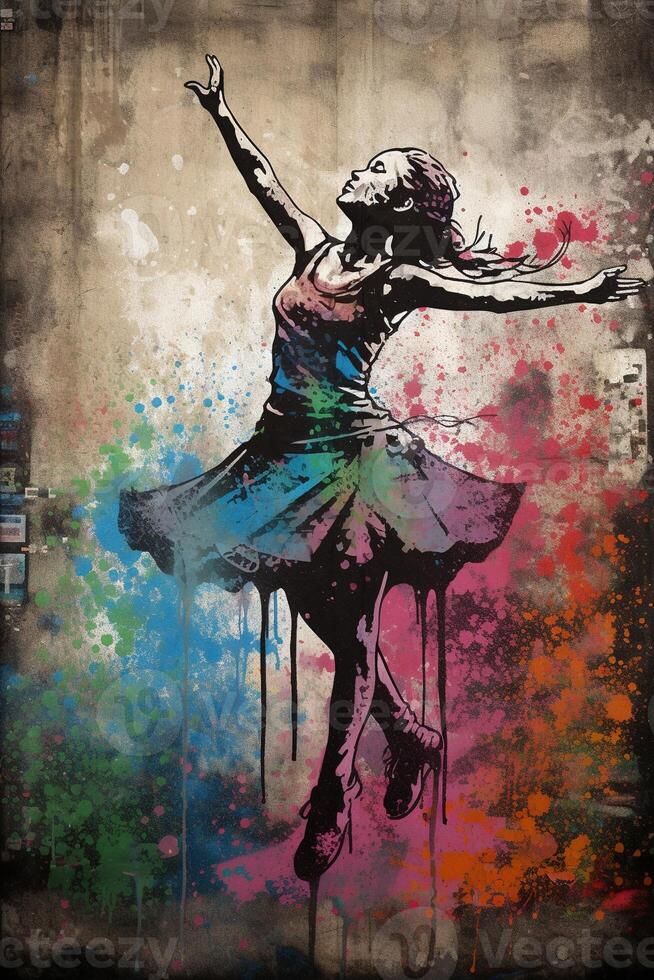 generatief ai, dansen vrouw of meisje, dynamisch beweging. inkt verf kleurrijk spatten straat graffiti kunst Aan een getextureerde papier wijnoogst achtergrond, geïnspireerd door banksy. foto